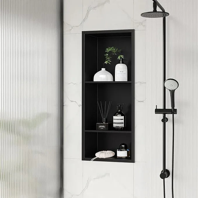 Qeke Stainless Steel Shower Niche 12" X 29", No Tile Needed Wall Niche Three-Tier, Recessed Shower Shelf for Bathroom Storage, Matte Black - ModernBath