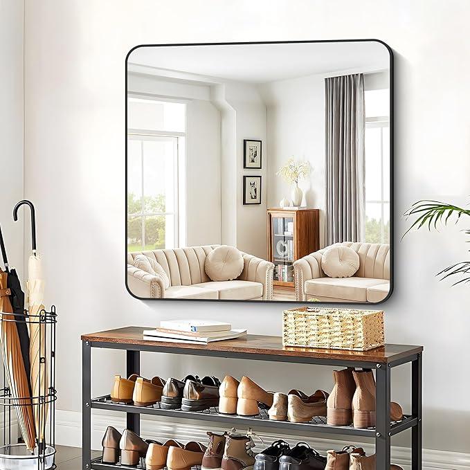 CIVENO Bathroom Mirror, 42x42 inch Black Square Wall Mirror, Rounded Corner Aluminum Metal Frame Vanity Mirror, Large Wall Mounted Mirrors for Over Sink Bedroom Living Room Entryway - ModernBath