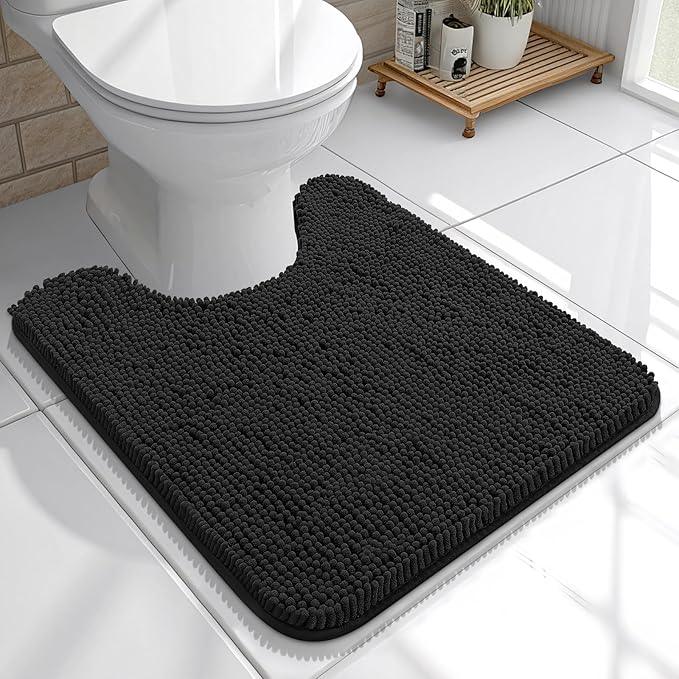 OLANLY Toilet Rugs U-Shaped 20x20, Extra Soft Absorbent Chenille Contour Bathroom Rugs for Toilet, Dry Quickly, Machine Washable, Non-Slip Bath Mat, Black - ModernBath