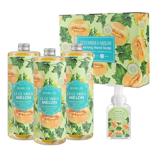 ROMIIE ZOI Natural Cucumber&Melon Foaming Hand Soap Refills 3-Pack (33.8 Fl Oz Each) with Dispenser - Plant-Based, Non-Toxic, Large Volume for Kitchen, Bathroom - Great Value Gift Set for Housewarming - ModernBath