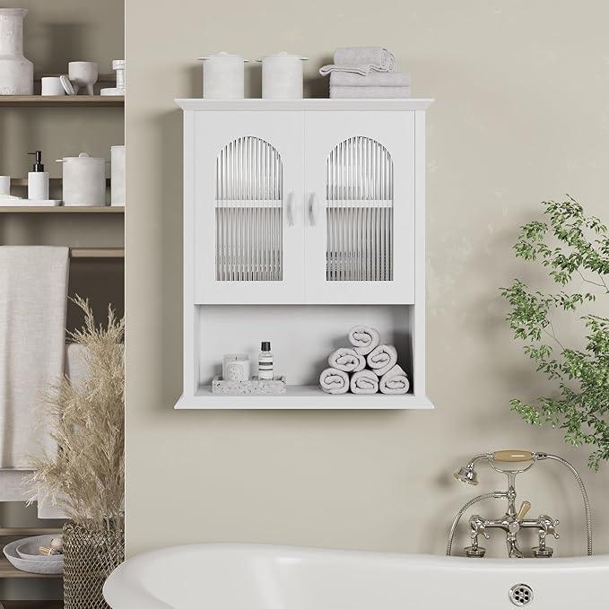 CJL Bathroom Wall Cabinet with Fluted Door, 18.9'' x 23.6'' Medicine Cabinet, Over The Toilet Storage Cabinet, White - ModernBath