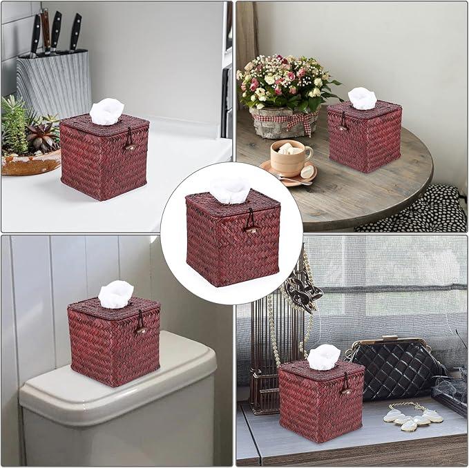 Sumnacon Tissue Box Cover Square Seagrass Tissue Box with Lid, Woven Tissue Box Holder Rustic Cube Tissue Cover for Bathroom Toilet Bedroom Living Room Kitchen Table Desk Office Car, Red Brown - ModernBath