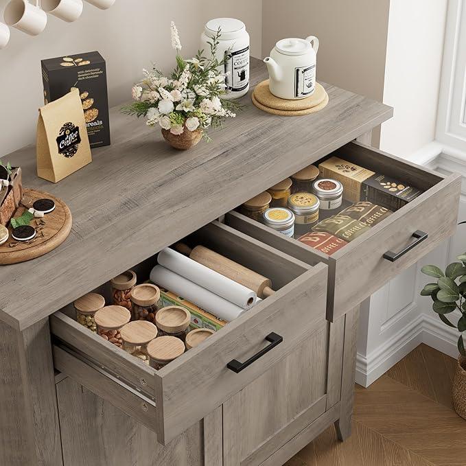 HORSTORS Kitchen Storage Cabinet, Modern Farmhouse Buffet Cabinet with Storage, Coffee Bar with 2 Drawers and 2 Doors, Floor Sideboard Buffet for Living Room, Dining Room, Bathroom, Grey - ModernBath