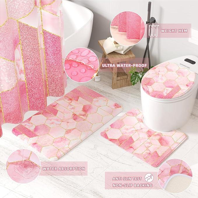 XLHOMO Bathroom Sets with Shower Curtain and Rugs - 4PC Pink Geometric Shower Curtain Set with 12 Hooks, Toilet Cover, U-Shaped Mat and Rugs Modern Abstract Bathroom Accessories for Bathroom - ModernBath