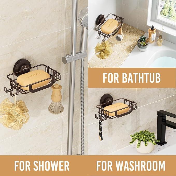 LEVERLOC Soap Holder Dish with Hooks for Shower, Bar Suction Cup Soap Tray Wall Mounted, Rustproof Stainless Steel Sponge Holder Caddy for Bathroom Bathtub Kitchen Sink, Brown - ModernBath