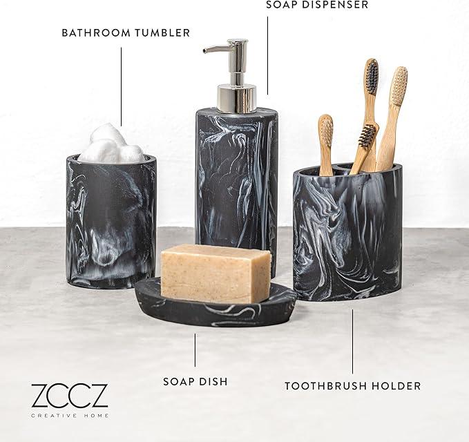 ZCCZ Bathroom Accessories Set, 4-Piece Marble Pattern with Soap Dispenser, Toothbrush Holder, Tumbler, and Soap Dish for Modern Bath Décor, Elegant and Durable Design for Home or Office Bathrooms - ModernBath