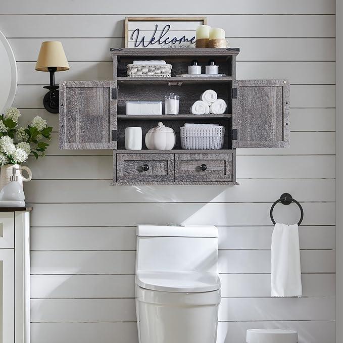 ACCOHOHO Bathroom Wall Cabinet, Farmhouse Medicine Cabinet, 24" Wide Cabinet with Drawer, Adjustable Shelf, Double Barn Doors, Storage Cabinet for Bathroom, Kitchen, Living Room, Grey Wash - ModernBath