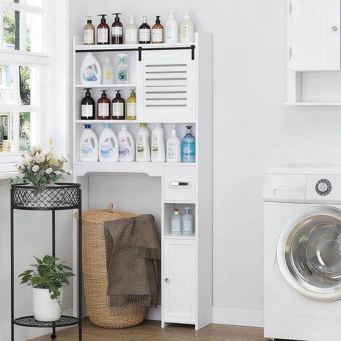 Coolfat Over The Toilet Storage Cabinet, Bathroom Storage Cabinet Organizer, Above Toilet Rack with Door and Adjustable Shelves, Space Saver for Restroom, Laundry (White Left Side) - ModernBath