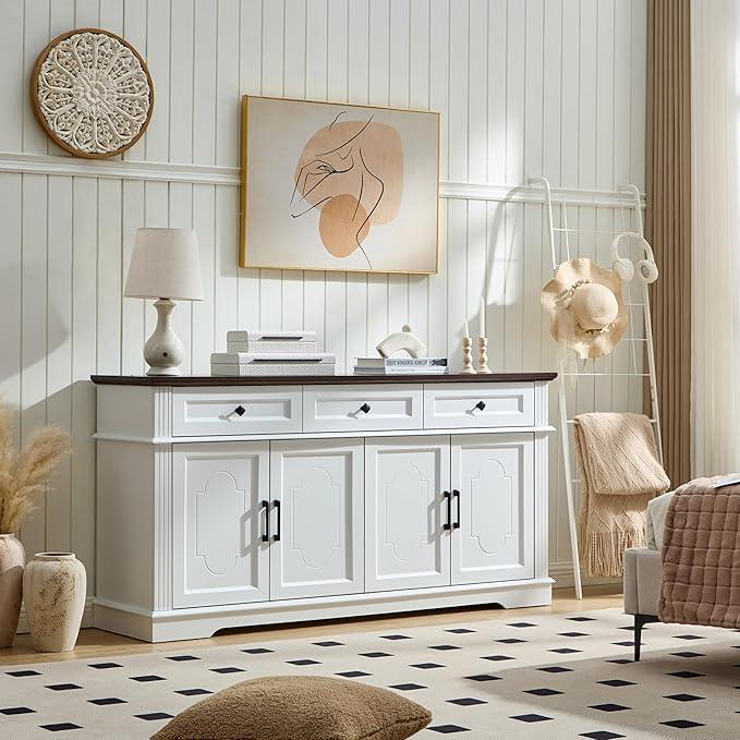 63" White Buffet Sideboard Cabinet with 4 Doors and 3 Drawers, Modern Farmhouse Kitchen Storage Cabinet, Coffee Bar Cabinet with Adjustable Shelves, Living Room Storage, Dining Room - ModernBath