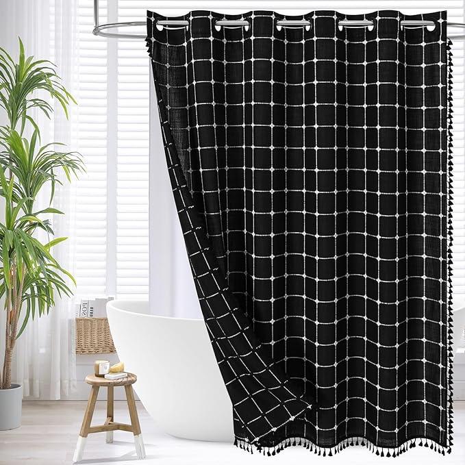 MitoVilla No Hooks Needed Boho Farmhouse Shower Curtain with Snap-in Liner, Cotton Linen Fabric Shower Curtains with Tassels for Rustic Neutral Bathroom Decor, Black and White, 72 x 74 - ModernBath