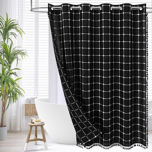 MitoVilla No Hooks Needed Boho Farmhouse Shower Curtain with Snap-in Liner, Cotton Linen Fabric Shower Curtains with Tassels for Rustic Neutral Bathroom Decor, Black and White, 72 x 74 - ModernBath