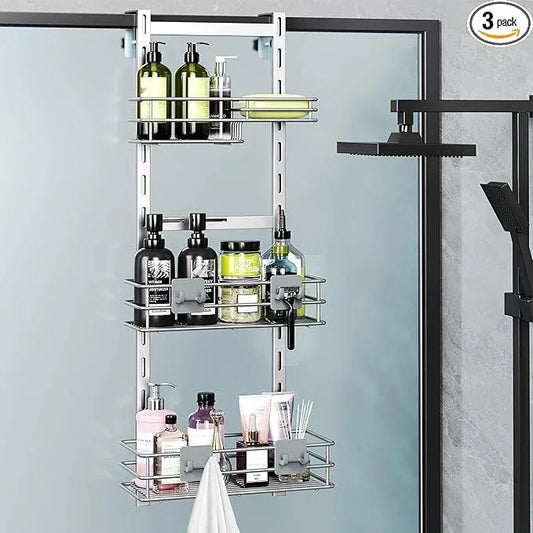 Orimade Over The Door Shower Caddy Adjustable 3 Tier Silver,Bathroom Hanging Organizer Shelf Rustproof with 4 Hooks,Shower Basket with Soap Holder and Suction Cup - ModernBath