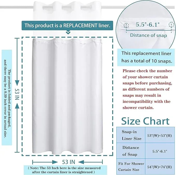 Conbo Mio 1 Pack Hotel Fabric Snap in Shower Curtain Liner Replacement Removable Water Repellent Liner for Bathroom Shower Curtain Liner 53W X 53H - ModernBath