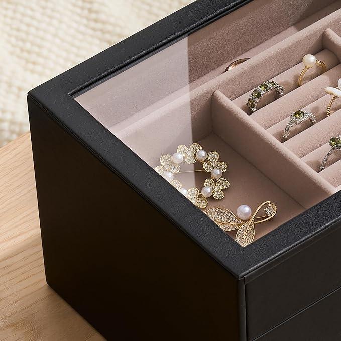 pickpiff Jewelry Box Organizer Case for Women: 3-Layer Jewelry Storage Case with Glass Window, Black Leather with Blush Velvet, Holder for Ring Necklace Bracelet Brooch Watch, Great Gift for Her - ModernBath
