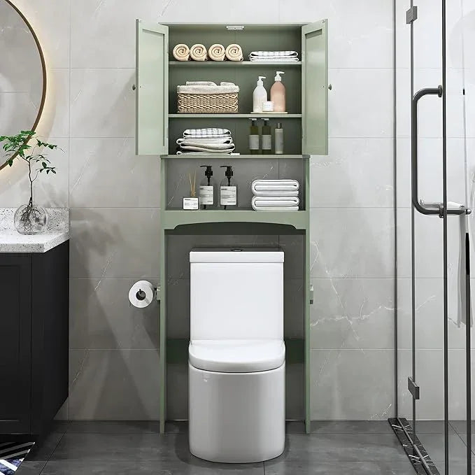 Over The Toilet Storage Cabinet with Gold Trim, Modern Bathroom Organizer Over Toilet with Adjustable Shelves and Toilet Paper Holder for Bathroom (Green) - ModernBath