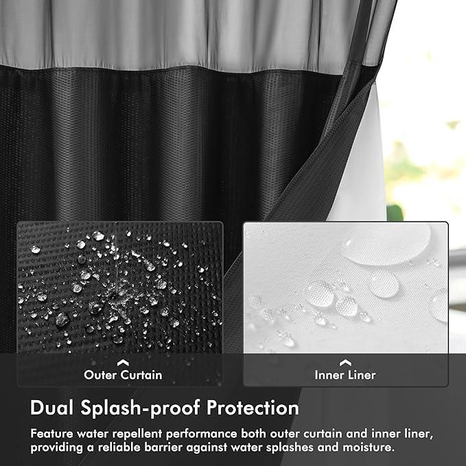 Mrs Awesome No Hook Shower Curtain with Snap-in Liner Less Time On/Off, Embossed Waffle-Look Textured Fabric Shower Curtain for Bathroom, Soft & Lightweight, 71x74, Black - ModernBath
