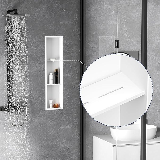 Qeke Stainless Steel Shower Niche 8" X 36", No Tile Needed Wall Niche Three-Tier, Recessed Shower Shelf for Bathroom Storage, Matte White - ModernBath