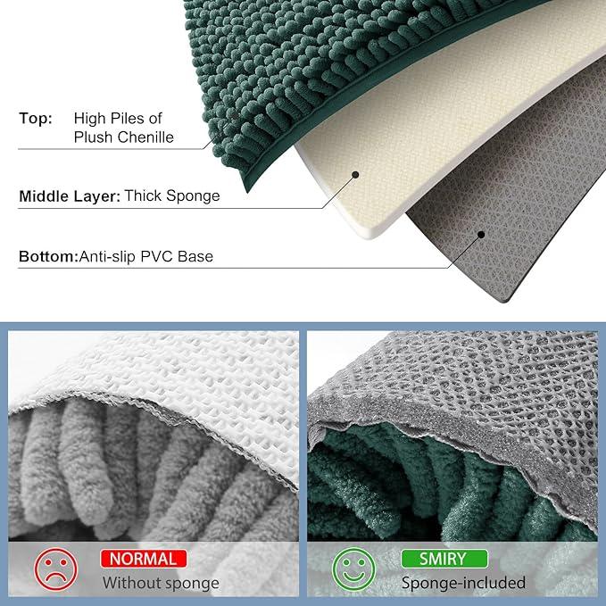 Smiry Luxury Chenille Bathroom Rugs 40x32, Extra Soft and Absorbent Shaggy Bath Mat, Machine Washable, Non-Slip Plush Carpet Runner for Tub, Shower, and Floor, Home Decor Accessories, Green - ModernBath
