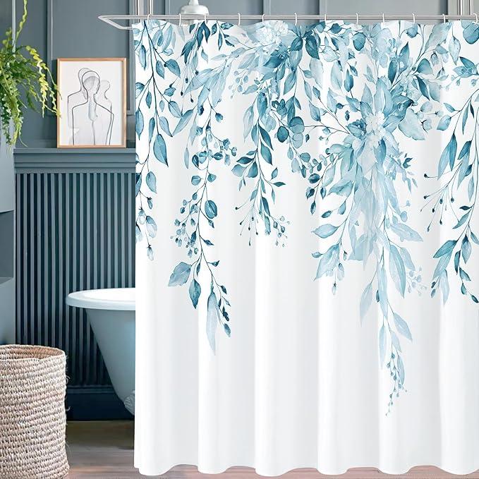 Gibelle Long Shower Curtain 72 x 78, Tall Spa Blue Floral Shower Curtain for Bathroom, Watercolor Plant Eucalyptus Leaves Fabric Shower Curtain Set - ModernBath
