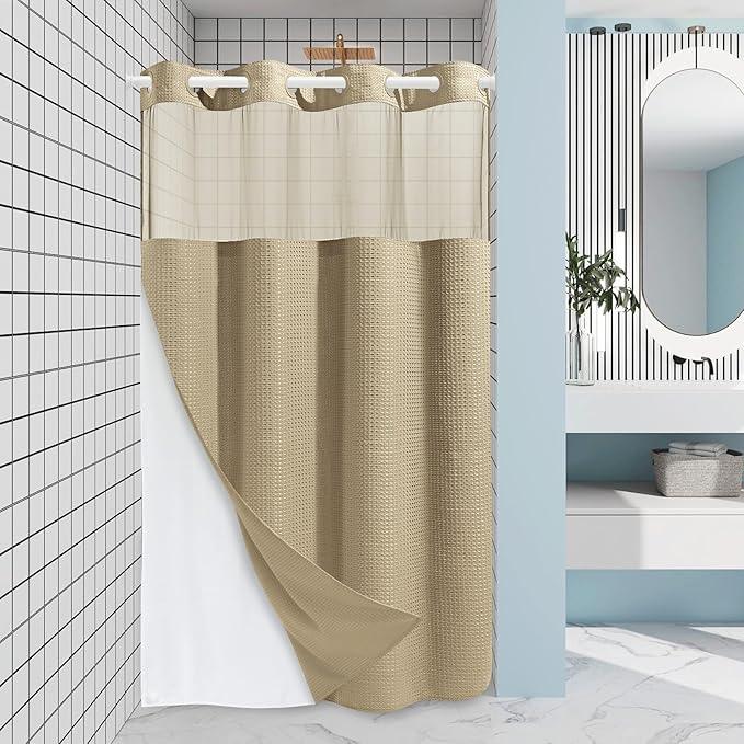 EUTXL Beige Stall No Hook Shower Curtain with Snap in Liner,230GSM Waffle Weave Shower Curtains for Bathroom,54W x 80H - ModernBath