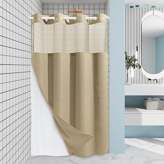 EUTXL Beige Stall No Hook Shower Curtain with Snap in Liner,230GSM Waffle Weave Shower Curtains for Bathroom,54W x 80H - ModernBath