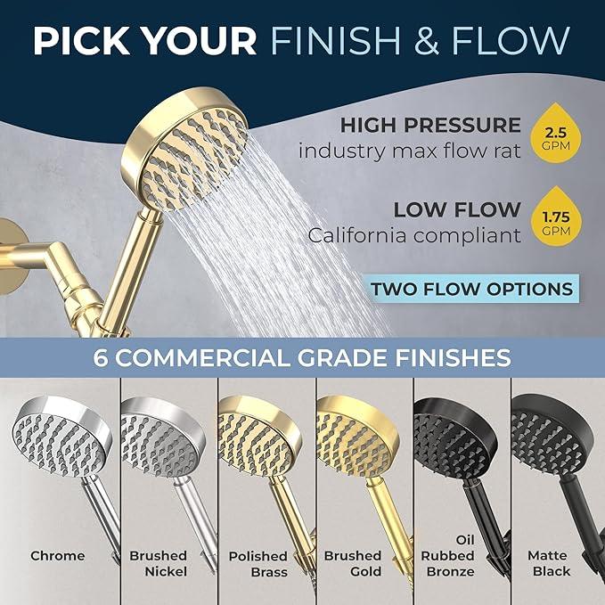 HammerHead Showers® Solid Metal Handheld Shower Head with Hose and Brass Holder - POLISHED BRASS - 2.5 GPM High Pressure Shower Heads with Adjustable Shower Wand Bracket - 6ft Flexible Extension - ModernBath