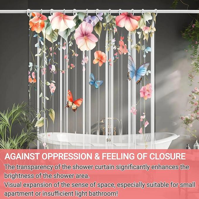 CAPQL Clear Colorful Floral Butterfly Shower Curtain Liner, Plastic Pretty Nature Plant Shower Curtains for Bathroom, 72x72 Weighted Magnetic Shower Curtain Set with 12 Hooks - ModernBath