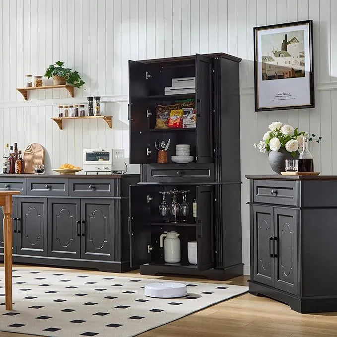 Black Farmhouse Storage Cabinet with 2 Doors and 1 Drawer, Adjustable Shelf, Freestanding Kitchen Pantry Cabinet, Modern Buffet Sideboard Coffee Bar Cabinet Living Room Bathroom Dining Room - ModernBath