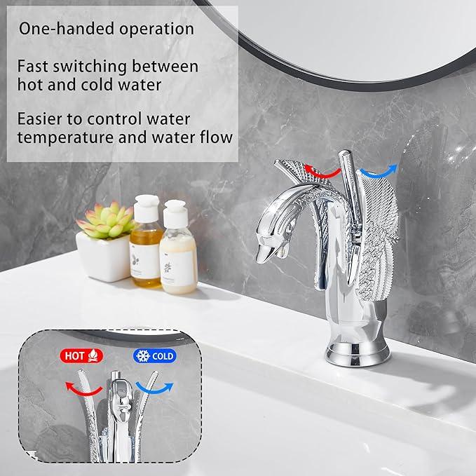 GGStudy Chrome Bathroom Faucet Swan Shape Single Handle One Hole Bathroom Vanity Faucet Basin Tap Deck Mount Lavatory - ModernBath