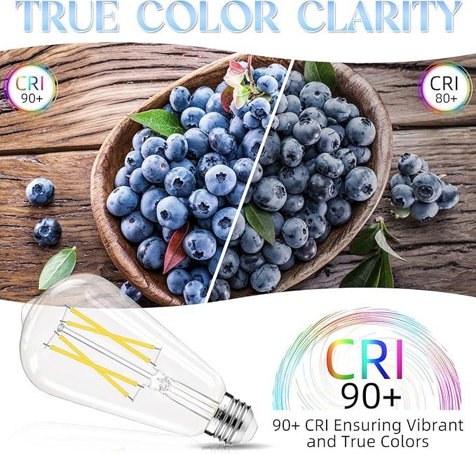LED Edison Bulbs, E26 Bulb 60 watt Equivalent, Non-Dimmable, Cool White 4000K, ST58 Vintage Light Bulbs, 90+ CRI, 6W 600LM, E26 Medium Base, Clear Glass, 6 Pack - ModernBath