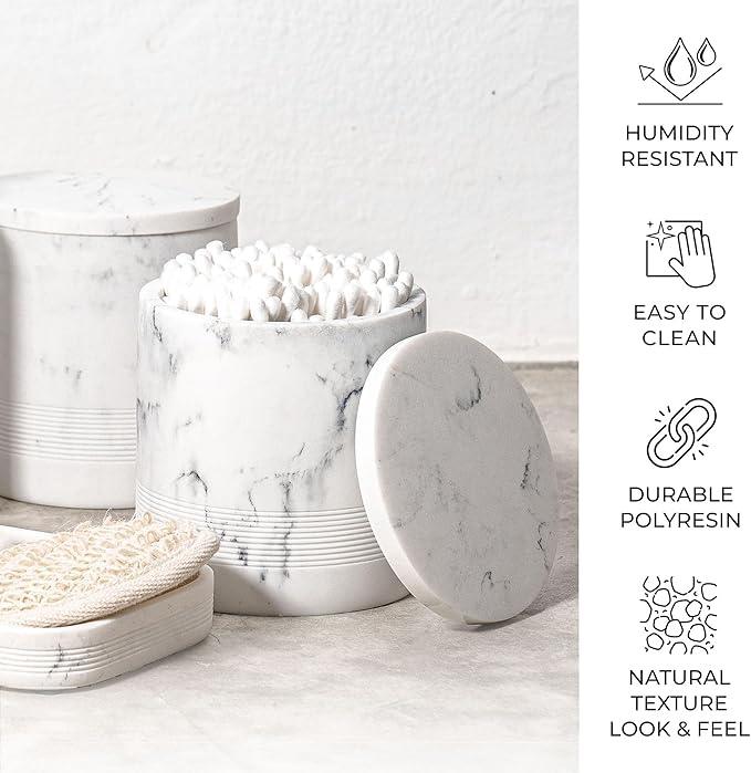 ZCCZ White Marble Bathroom Accessories Set 6 Pieces - Toothbrush Holder, Lotion Dispenser, Qtip Container, Vanity Tray, Tumbler - Countertop Organizer for Bathrooms - Elegant and Functional Décor Set - ModernBath