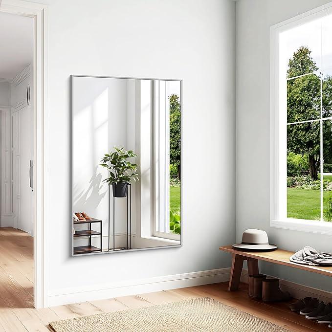 KOCUUY Silver Bathroom Mirror, 55"x36" Large Rectangle Bathroom Mirror for Wall, HD Tempered Glass, Anti-Rust Brushed Silver Frame, Modern Design for Bathroom, Bedroom, Hang Horizontal/Vertical - ModernBath