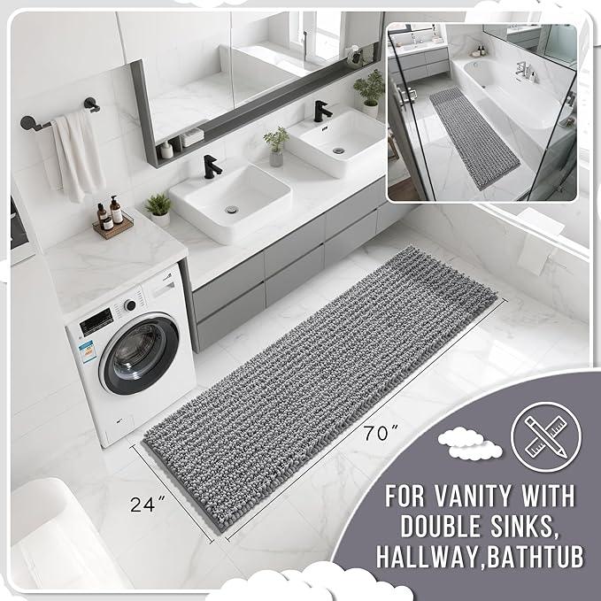 Yimobra Bathroom Runner Rug 70x24 Inch - Extra Long Non Slip Chenille Bath Mat, Soft & Absorbent, Machine Washable Shaggy Hallway Carpet for Vanity Tub Shower, Gray Home Decor Accessories - ModernBath