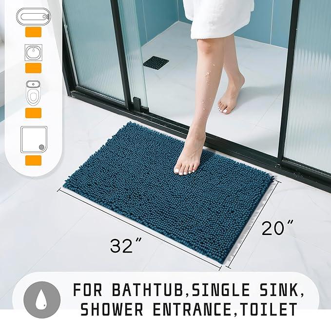 Yimobra Washable Bathroom Rugs, Super Soft & Absorbent Chenille Bath Mat for Floor & Carpet, Quick Dry Non Slip Bath Mat for Tub Shower, 32"x20",Peacock Blue - ModernBath