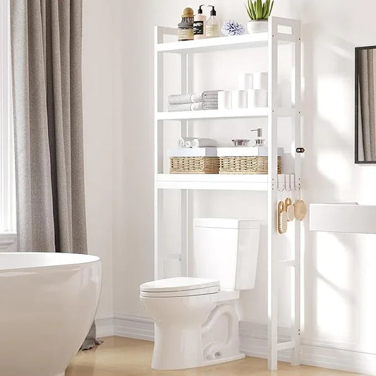 Smiry Over The Toilet Storage Cabinet, 3-Tier Bamboo Bathroom Organizers with Adjustable Shelf & 4 Hooks, Space Saving Shelf Rack for Bathrooms, Laundry Room, Balcony, White - ModernBath