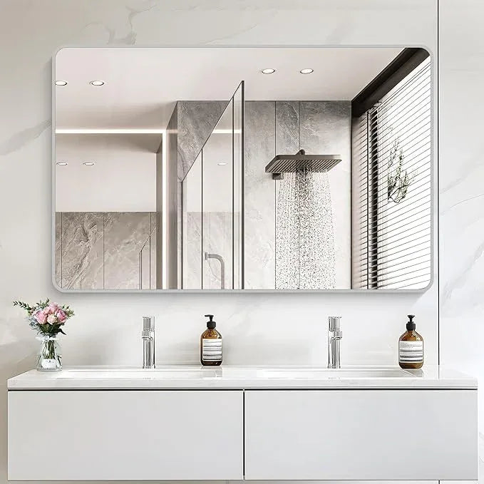 CIVENO 55x36 Inch Silver Bathroom Mirror, Large Rectangular Vanity Mirror, Metal Framed Rectangle Mirror, Rounded Corner Wall Mounted Mirrors for Living Room Bedroom Entryway Horizontal or Vertical - ModernBath