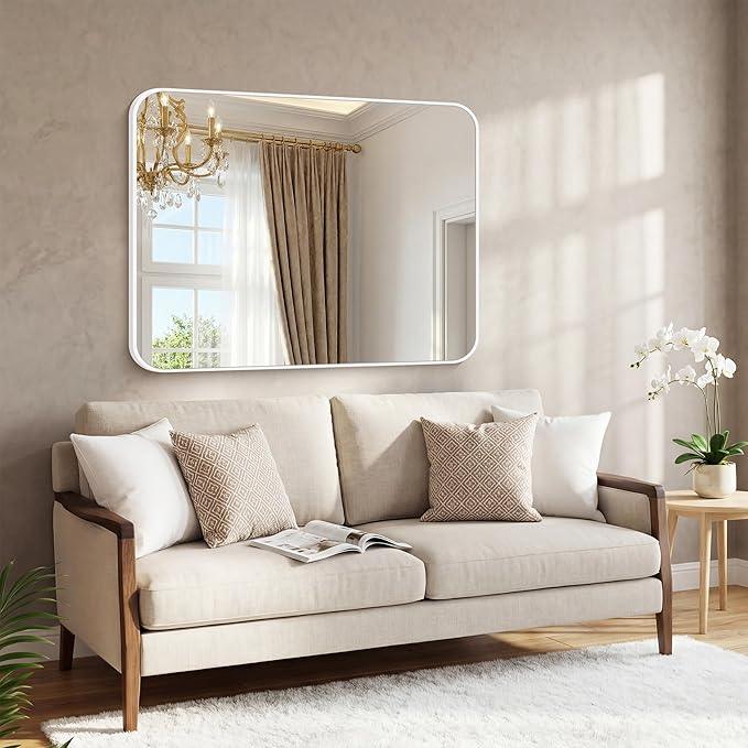 BONEWEI White Bathroom Mirror,36x48 inch Wall Mirror for Bathroom Wall Mounted,Rectangle Mirror for Bathroom Over Sink,Modern Frame Round Corner for Living Room,Bedroom Entryway,Horizontal/Vertical - ModernBath