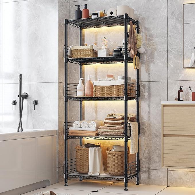 5 Tier Metal Shelving Unit Pantry Storage Shelves with Side Blockers Adjustable Metal Wire Shelf with Hooks & Shelf Linker Standing Storage Rack for Kitchen Pantry Bathroom Closet,13.8"Dx21.7"Wx59.1"H - ModernBath