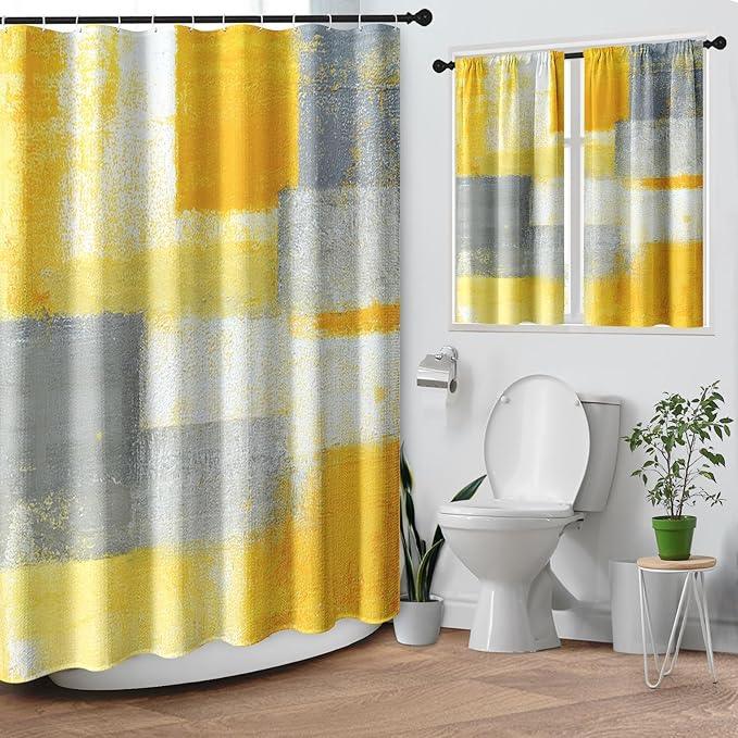 Culudea Grey Yellow Painting Shower Curtain Set, Gray Contemporary Abstract Bathroom Window Waterproof Shower Curtain Set for Bathroom Decor - ModernBath
