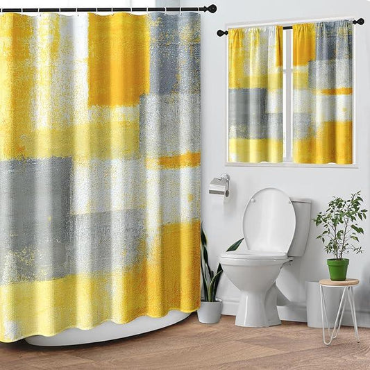 Culudea Grey Yellow Painting Shower Curtain Set, Gray Contemporary Abstract Bathroom Window Waterproof Shower Curtain Set for Bathroom Decor - ModernBath