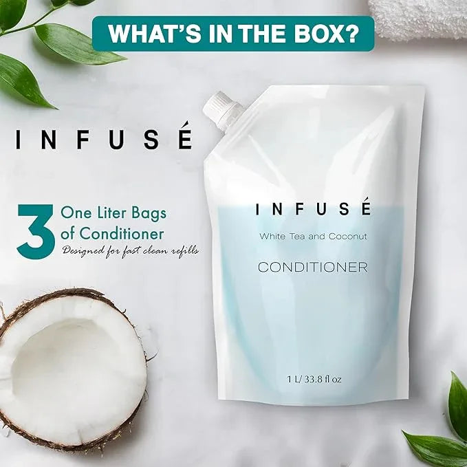 INFUSÉ 1 Liter Conditioner Refill Bag For Soap Dispensers | Bulk Toiletries for Vacation Rentals, and Home Bathroom Showers | White Tea and Coconut | Set of 3 - ModernBath