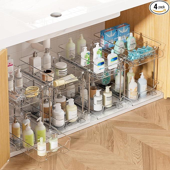Vtopmart 4 Pack 2 Tier Bathroom Under Sink Organizers and Storage, Clear Kitchen Pantry Organization, Pull Out Medicine Cabinet Organizer with Movable Dividers - ModernBath