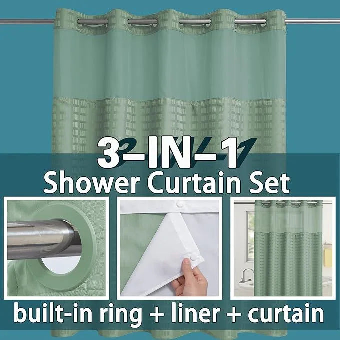 Conbo Mio No Hook Sage Green Shower Curtain with Snap in Liner Set, Hotel Luxury Shower Curtains for Bathroom with See Through Top Window, Waterproof, Washable 71W x 74H - ModernBath