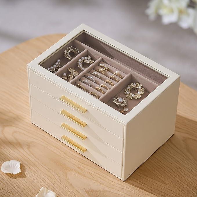 pickpiff Jewelry Box Organizer Case for Women: 4-Layer Jewelry Storage Case with Glass Window, Ivory Leather with Pink Velvet, Holder for Ring Necklace Bracelet Brooch Watch, Great Gift for Her - ModernBath