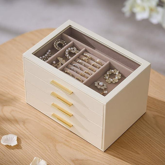 pickpiff Jewelry Box Organizer Case for Women: 4-Layer Jewelry Storage Case with Glass Window, Ivory Leather with Pink Velvet, Holder for Ring Necklace Bracelet Brooch Watch, Great Gift for Her - ModernBath