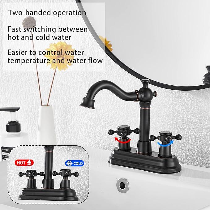 Bathroom Faucet Oil Rubbed Bronze GGStudy 2 Handles 4 Inches Centerset Bathroom Vanity with Drain Assembly and Supply Hose Lavatory Mixer Double Handle Tap - ModernBath