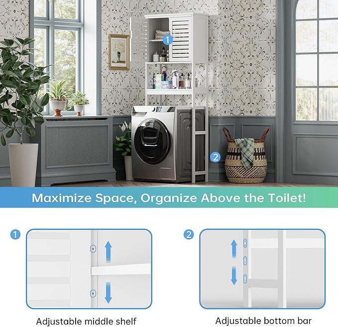 SMIBUY Bathroom Over The Toilet Storage Cabinet, 2 Door Bamboo Cabinet Organizer, Freestanding Space Saver Toilet Rack with Adjustable Inside Shelf and Open Shelf (White) - ModernBath