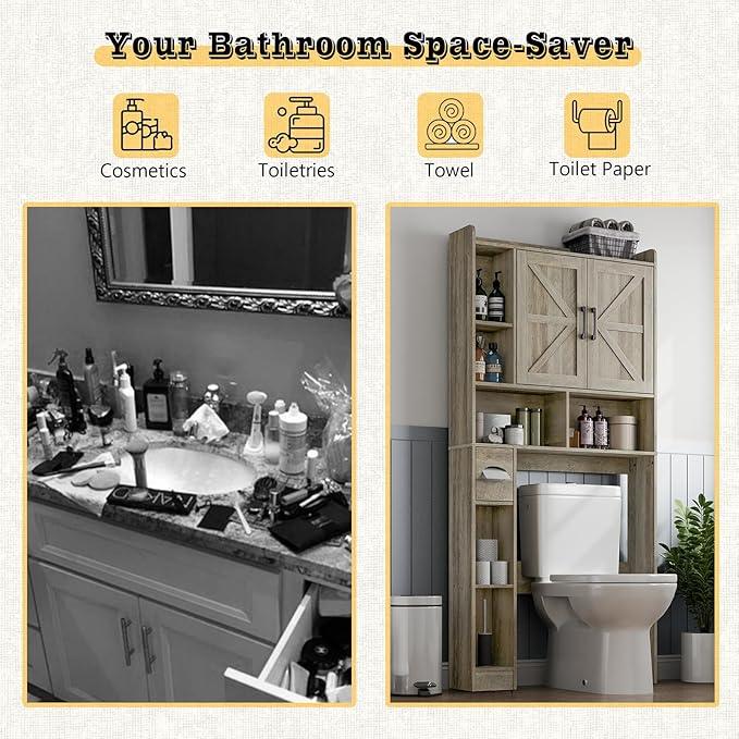 Over The Toilet Storage Cabinet, Farmhouse Storage Cabinet Over Toilet with 2 Barn Door & Toilet Paper Holder Stand, Home Space-Saving Rack, for Bathroom, Restroom (Grey). - ModernBath