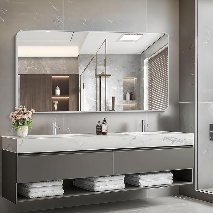 CIVENO 55x30 Inch Silver Bathroom Mirror, Large Rectangular Vanity Mirror, Metal Framed Rectangle Mirrors, Rounded Corner Wall Mounted Mirrors for Living Room Bedroom Entryway Horizontal or Vertical - ModernBath