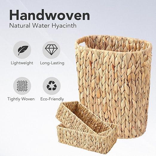 BSSN Water Hyacinth Trash Can 15L & Toilet Tank Basket,Natural Wicker Waste Bin with 2 Multifunctional Organizer Baskets for Bathroom, Toilet, Kitchen, Bedroom, Office, Balcony Decor - ModernBath